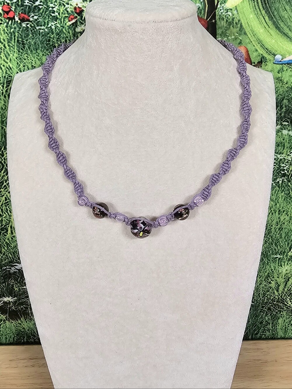 SALE💝 🕉 Lavender Hemp Necklace with Floral Glass Beads